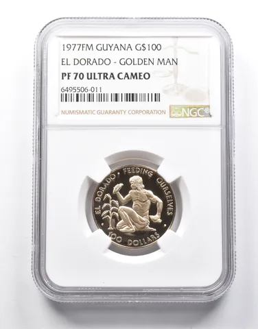PF70 UCAM 1977 FM Guyana $100 Gold El Dorado Golden Man NGC *0115