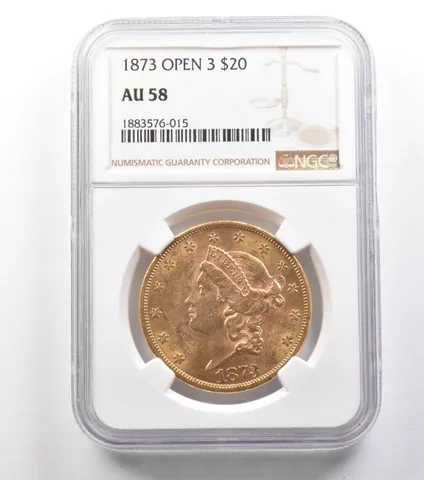 1873 $20 Liberty Head Gold Double Eagle Open 3 AU58 NGC a1542