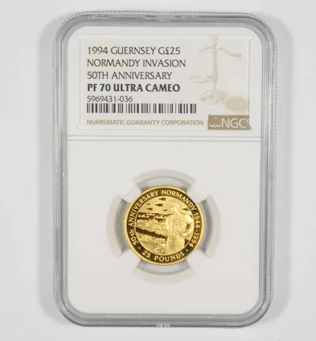 PF70 UCAM 1994 Guernsey 25 Gold Pounds Normandy Invasion 50th Anniv NGC *6962