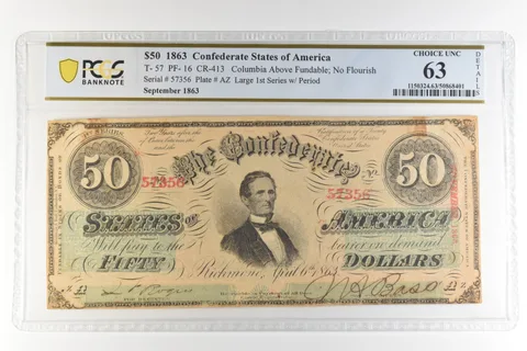 1863 $50 Confederate States America T-57 PF-16 CR-413 Choice Unc 64 PCGS *4456