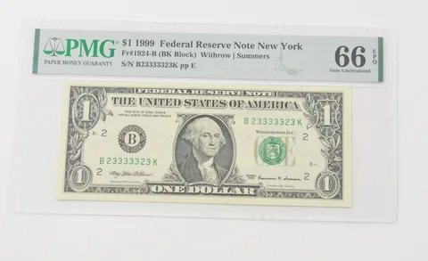 Gem UNC 66 EPQ 1999 $1 FRN NY - FR#1924-B PMG Almost Solid 3's a6593