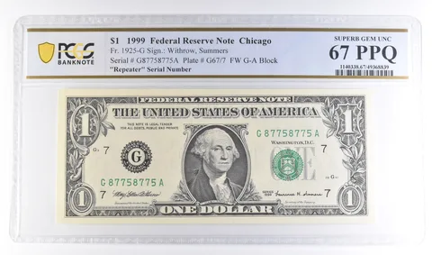 1999 $1 Chicago FRN Fr#1925-G Repeater Serial Superb Gem Unc 67 PPQ PCGS *6116