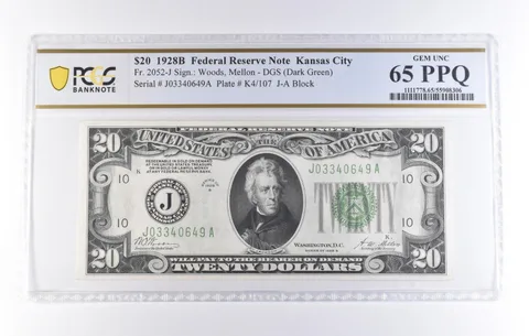 1928 B $20 Kansas City MO FRN Fr#2052-J DGS (Dark Green) Unc 65 PPQ PCGS *8243