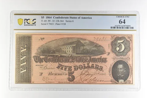 1864 $5 Confederate States America T-69 PF-10 CR-564 Choice Unc 64 PCGS *4413