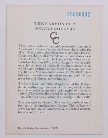 COA 1880 GSA Certificate Original Card for CC Morgan Silver Dollar (1card)