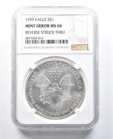 1999 American Silver Eagle Mint Error Reverse Struck Thru MS66 NGC *8271