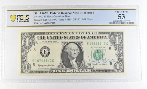 1963 B $1 Richmond VA FRN Courtesy Autograph FR#1902-E AU53 PCGS Barr *0618