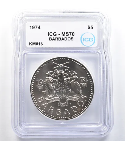 1974 Barbados 5 Dollars Silver KM#16 MS70 ICG *8006