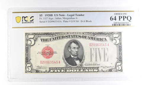 1928 B $5 US Legal Tender Fr#1527 Choice Unc 64 PPQ PCGS a2383