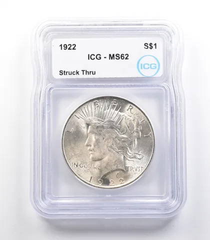1922 Peace Silver Dollar Mint Error Struck Thru MS62 ICG a2367