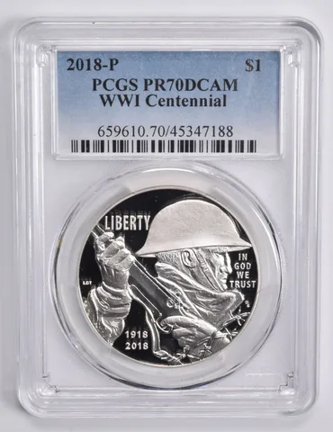 2018-P WWI Commemorative Dollar $1 PR70 DCAM PCGS Blue Lbl