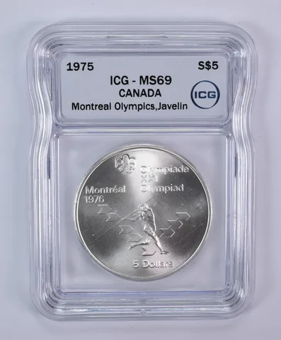 1975 Canada 5 Dollars Silver Montreal Olympics Javelin MS69 ICG