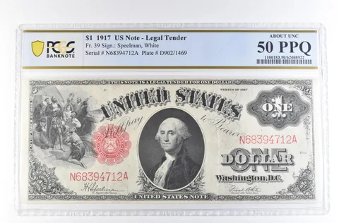 1917 $1 US Legal Tender Large Note Fr#39 Red Seal About Unc 50 PPQ PCGS *2357