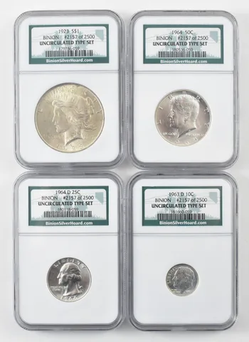 Lot (4) 1923 Peace Silver Dollar/Dime Half Quarter Unc Type Set Binion NGC *9799