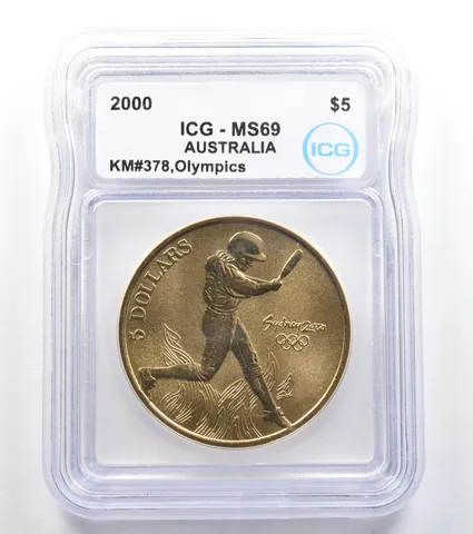 2000 Australia 5 Dollar Sydney Olympics Softball KM#378 MS69 ICG *7911