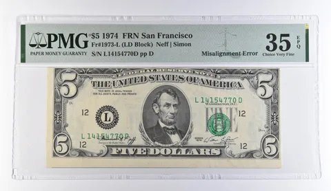 1974 $5 San Francisco CA FRN Misalign Error Fr#1973-L Choice VF 35 EPQ PMG *9452
