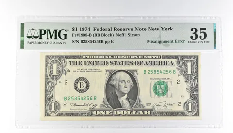 PMG 35 Choice VF $1 1974 FRN New York Fr#1908-B Misalignment Error a3202
