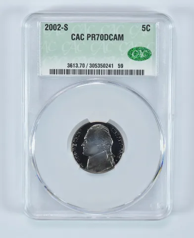 2002-S Jefferson Nickel PR70 DCAM CAC CACg