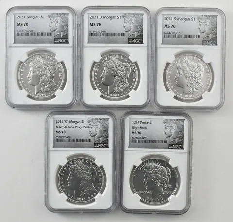 Lot (5) 2021/D/S/'O' Morgan/Peace Silver Dollar MS70 NGC *9441