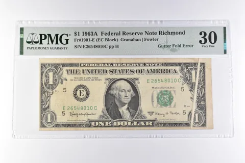 PMG 30 VF $1 1963A FRN Richmond Fr#1901-E Gutter Fold Error a3085