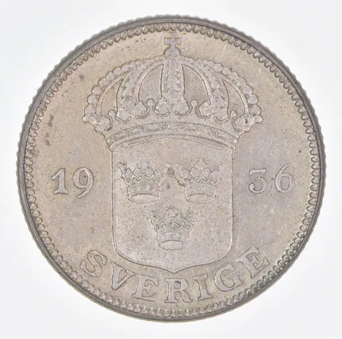 Better Date - 1936 Sweden 50 Ore World Coin- Silver *991
