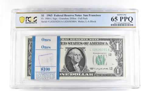 Lot (100) 1963 $1 San Francisco CA FRN Fr#1900-L Full Pack Unc 65 PPQ PCGS *1697