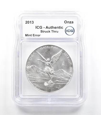 2013 Mo Mexico 1 Onza Silver Libertad Mint Error Struck Thru Authentic ICG *5062