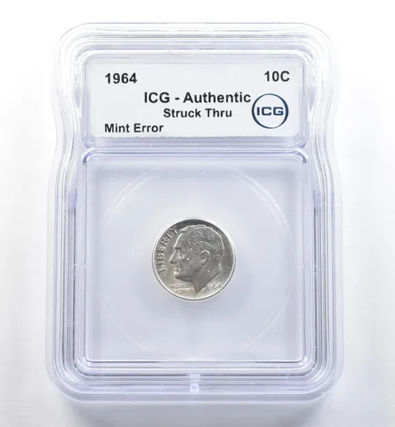 1964 Roosevelt Dime Mint Error Struck Thru Authentic ICG *3574