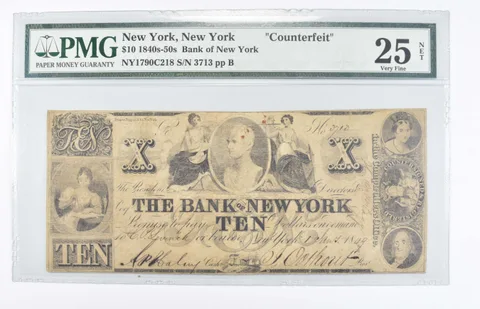 1840s-50s $10 New York Bank Of NY Note Counterfeit PMG 25 Net Very Fine a8086
