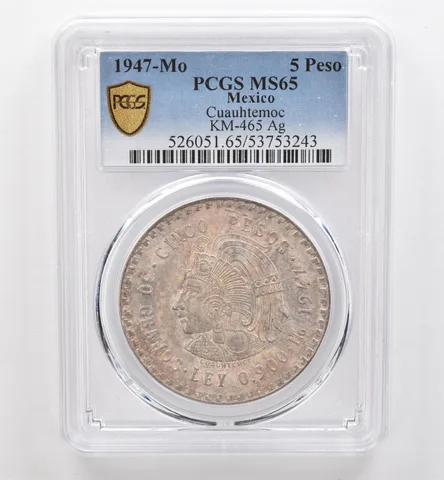 1947 Mo Mexico 5 Pesos Silver Cuauhtemoc KM-465 MS65 PCGS Beautiful Tone *9564