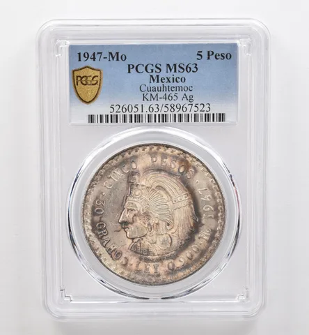 1947 Mo Mexico 5 Pesos Silver Cuauhtemoc KM-465 MS63 PCGS Beautiful Tone *9284