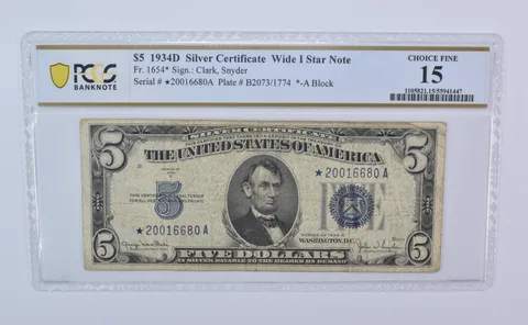 1934 D $5 Silver Certificate Wide I Star Note Fr#1654* Choice Fine 15 PCGS *8106