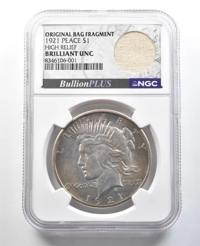 1921 Peace Silver Dollar High Relief Original Bag Fragment BU NGC *3367
