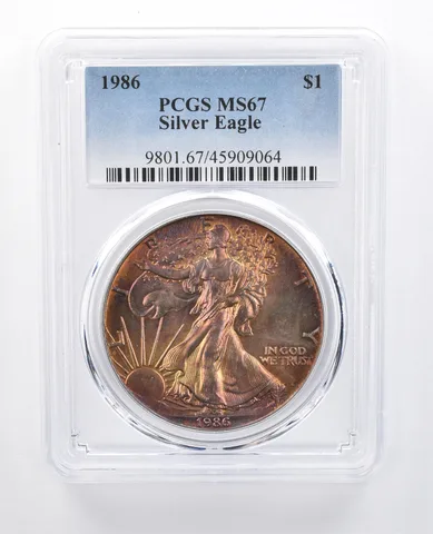 1986 American Silver Eagle MS67 PCGS Purple/Red Tone *8001