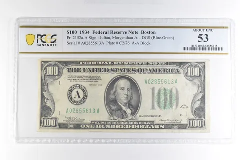 1934 $100 Boston MA FRN Fr#2152a Blue-Green About Unc 53 PCGS *4941