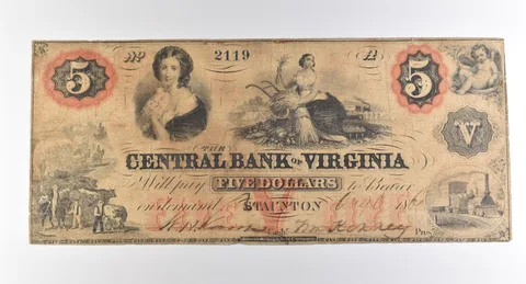 1860 $5 Staunton VA Central Bank Of Virginia Obsolete Note *3848