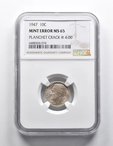 Mint Error MS65 1947 Roosevelt Dime Planchet Crack @4:00 NGC a1876