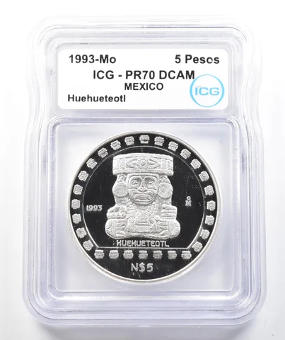 1993 Mo Mexico 5 Pesos Silver Huehueteotl 1 Oz .999 PR70 DCAM ICG