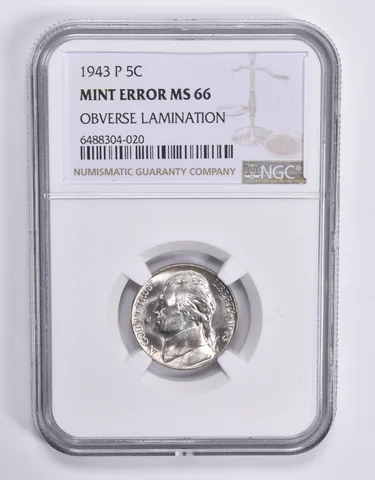 MINT ERROR MS66 1943-P Jefferson Nickel OBV Lamination NGC a1852