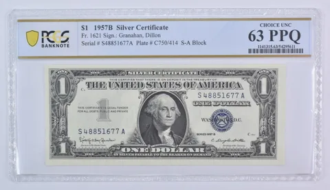 1957 B $1 Silver Certificate Fr#1621 Choice Unc 63 PPQ PCGS