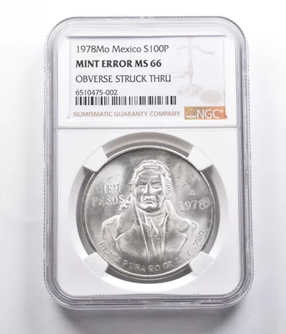 MS66 Mint Error 1978 Mo Mexico 100 Silver Pesos OBV Struck Thru NGC a4068