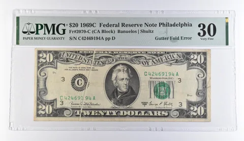 1969 C $20 Philadelphia PA FRN Gutter Fold Error Fr#2070-C VF 30 PMG *9469
