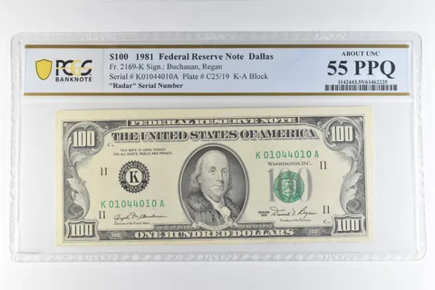 1981 $100 Dallas TX FRN Fr#2169-K Radar Serial Number AU 55 PPQ PCGS *6536