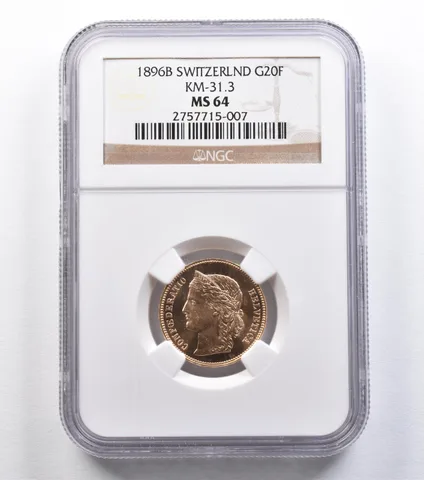 1896 B Switzerland 20 Francs Gold KM-31.3 MS64 NGC *2227