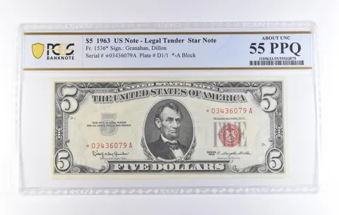 1963 $5 Legal Tender Star Note Fr#1536* About Unc 55 PPQ PCGS *8256