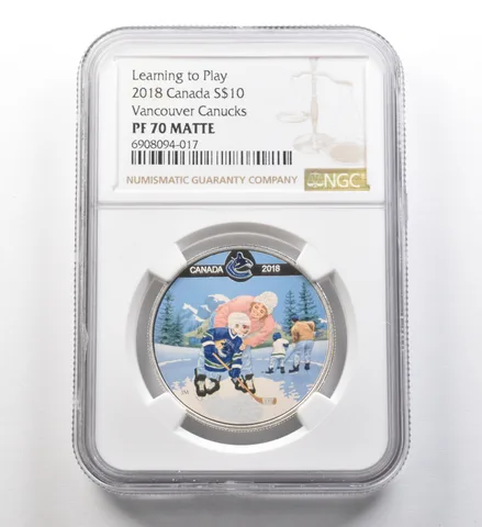 2018 Canada $10 Silver Learning To Play Vancouver Canucks PF70 Matte NGC a8245