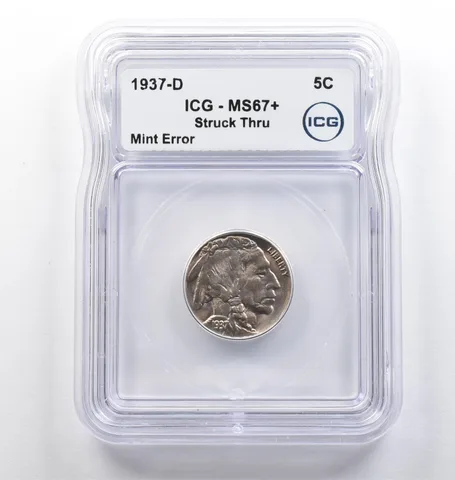 1937-D Indian Head Buffalo Nickel Mint Error Struck Thru MS67+ ICG *5778
