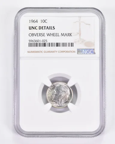 UNC Details 1964 Roosevelt Dime - OBV Wheel Mark - Graded NGC *9059