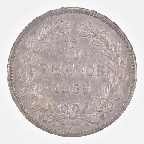 Better Date - 1839 France 5 Francs World Coin- Silver *540