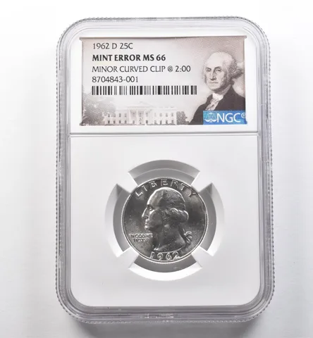 1962-D Washington Quarter Mint Error Minor Curved Clip @ 2:00 MS66 NGC *2251